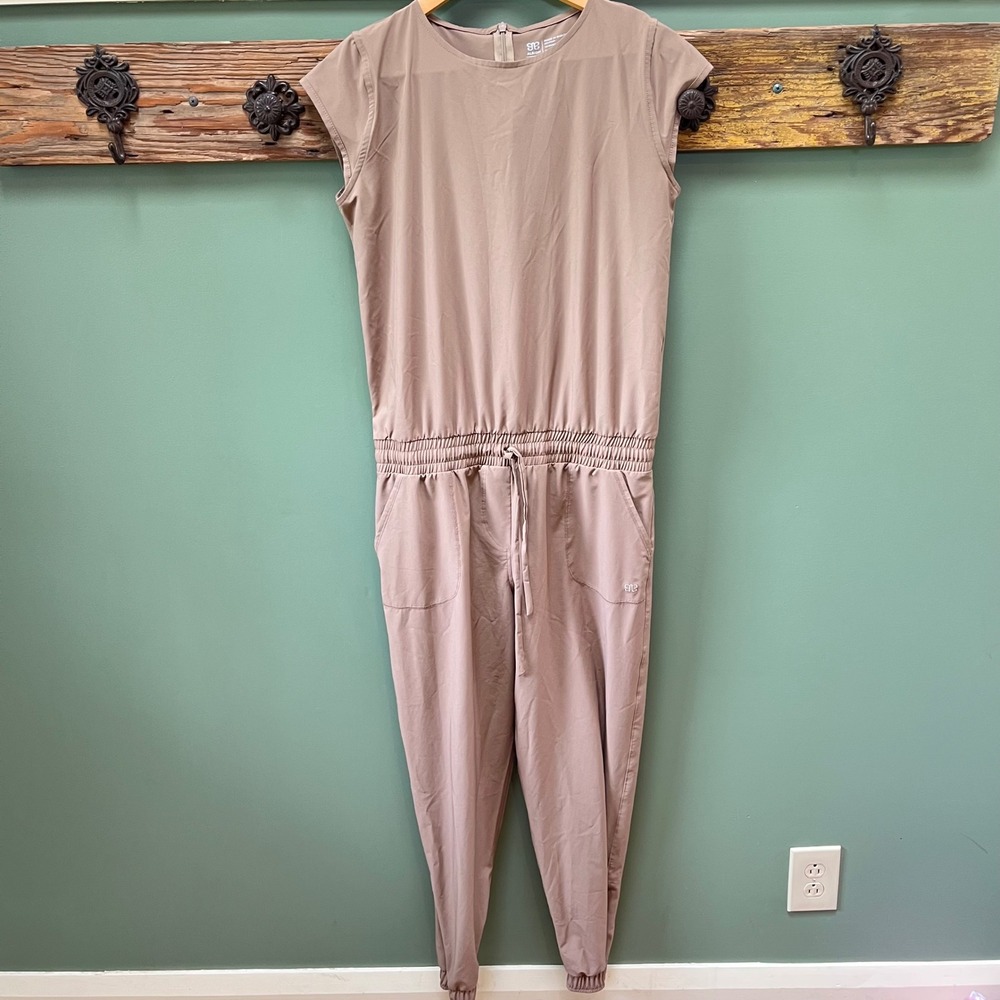 Albion Fit Jetset Jumpsuit Womens Small Mauve Taupe Cap Sleeve Jogger Stretch
